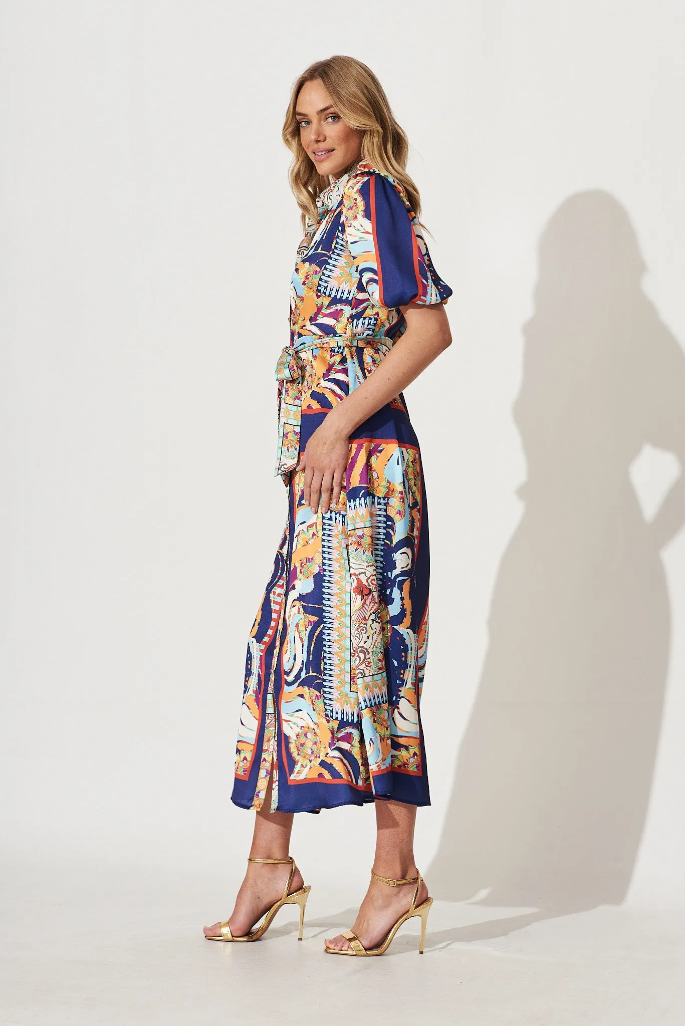 Gabriela Maxi Shirt Dress In Navy Multi Print Satin
