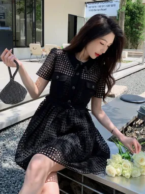 Hand-beaded plaid lace slim-fitting short black Hepburn dress high-end heavy-duty sexy little black dress