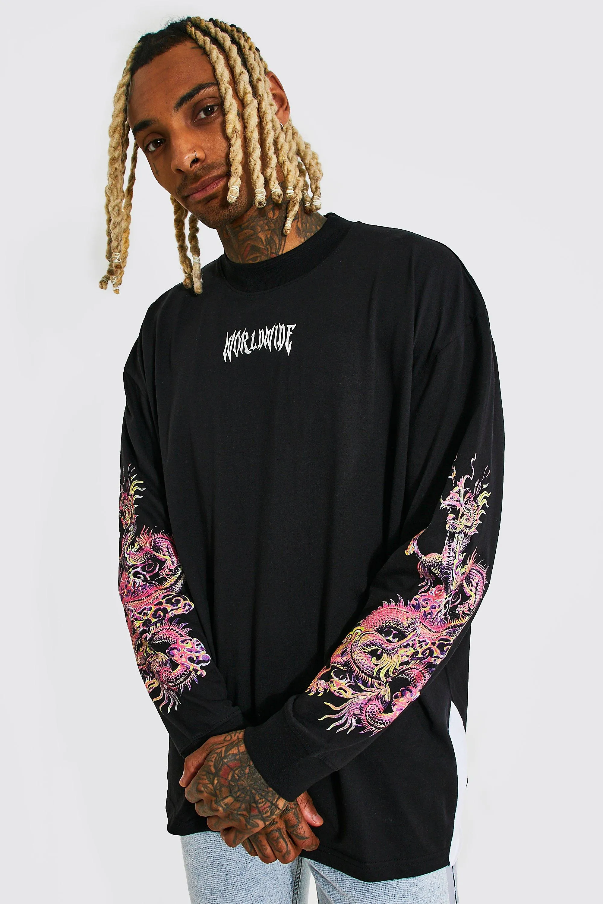 Oversized Dragon Print Long Sleeve T-shirt | boohooMAN UK