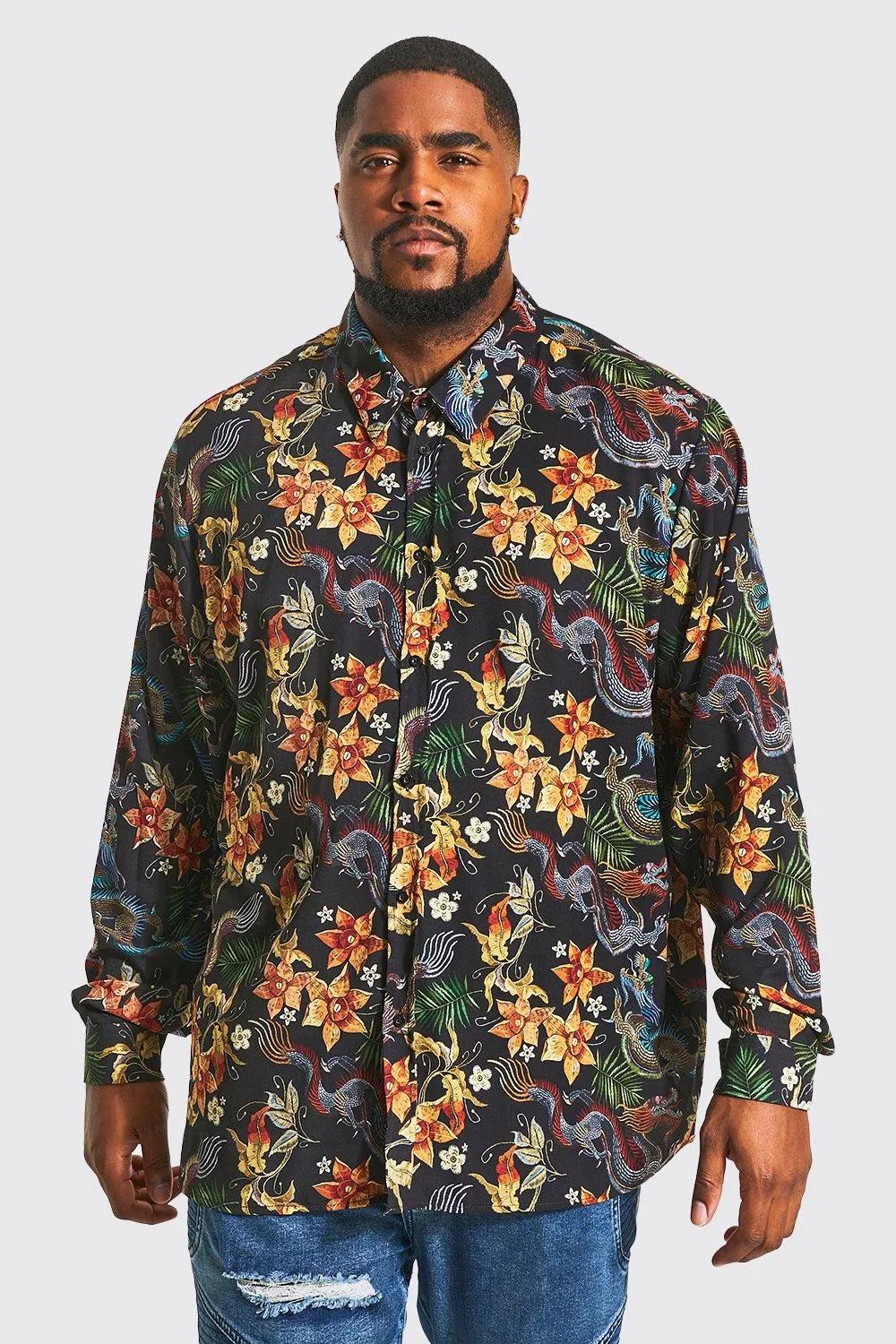 Plus Long Sleeve Dragon Print Shirt