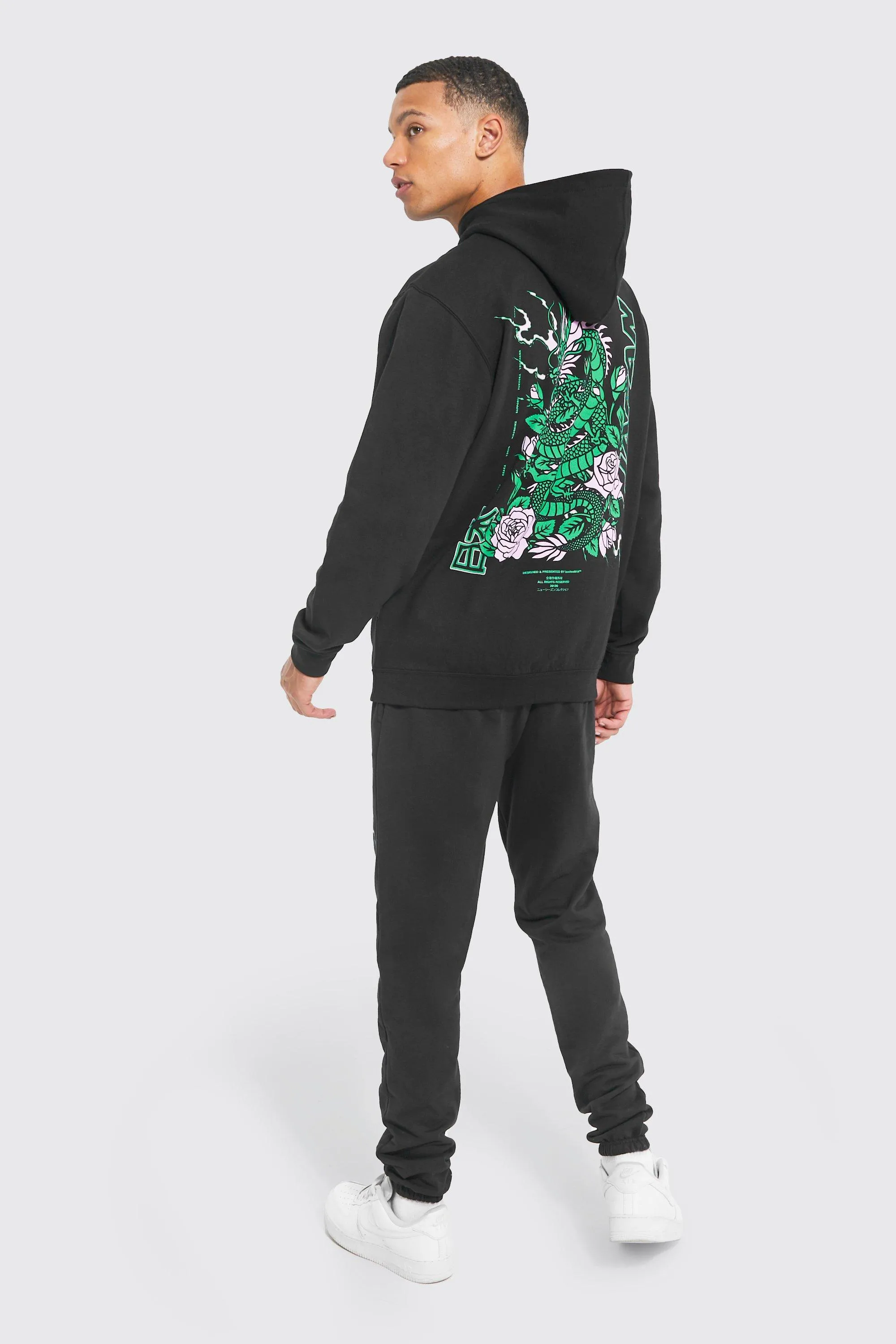 Tall Floral Dragon Graphic Hooded Tracksuit | boohooMAN UK